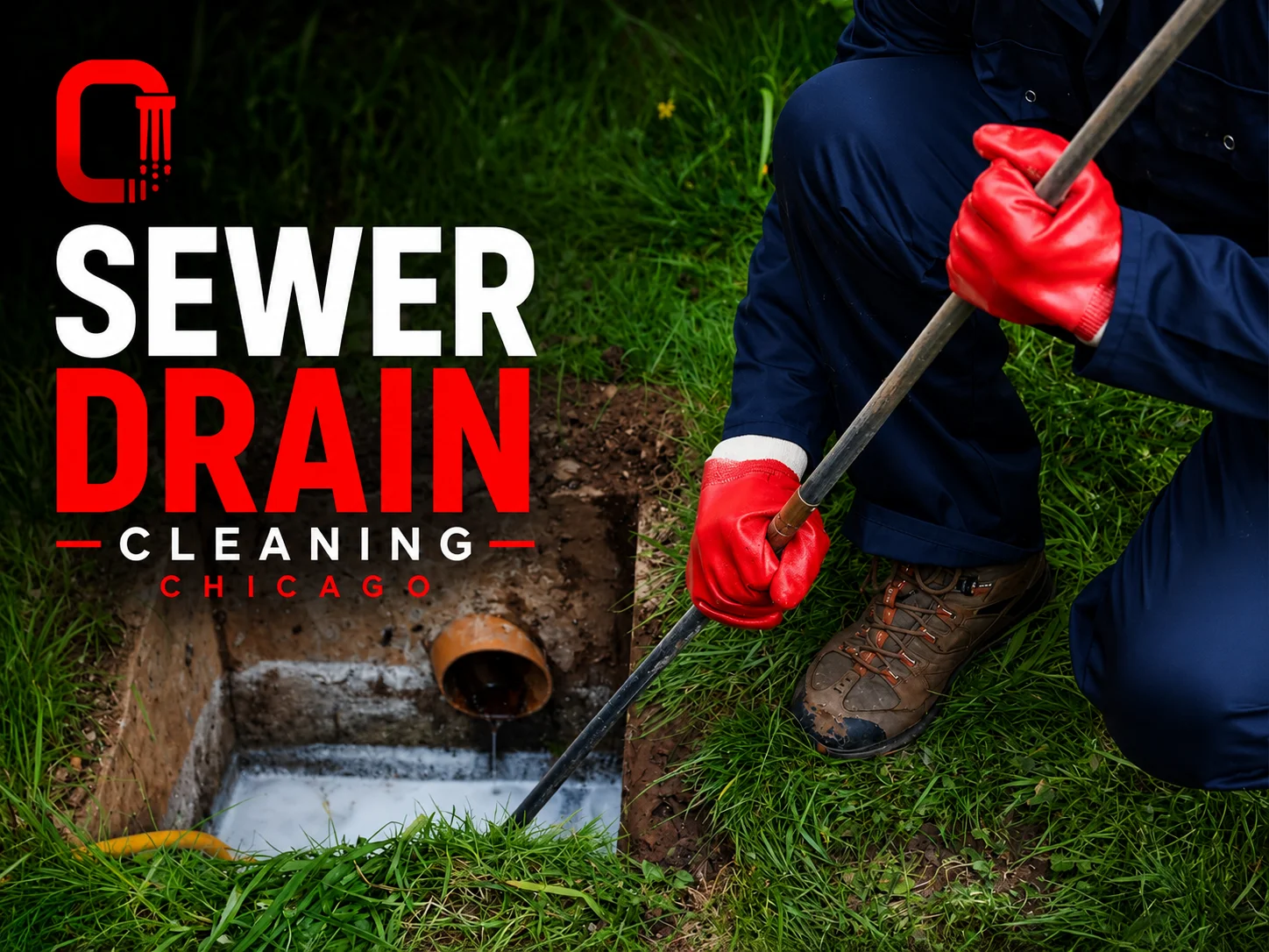 Sewer Drain Cleaning Chicago expert clearing a residential outdoor main sewer line basin.